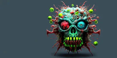 Surreal Zombie Skull With Floating Green Orbs