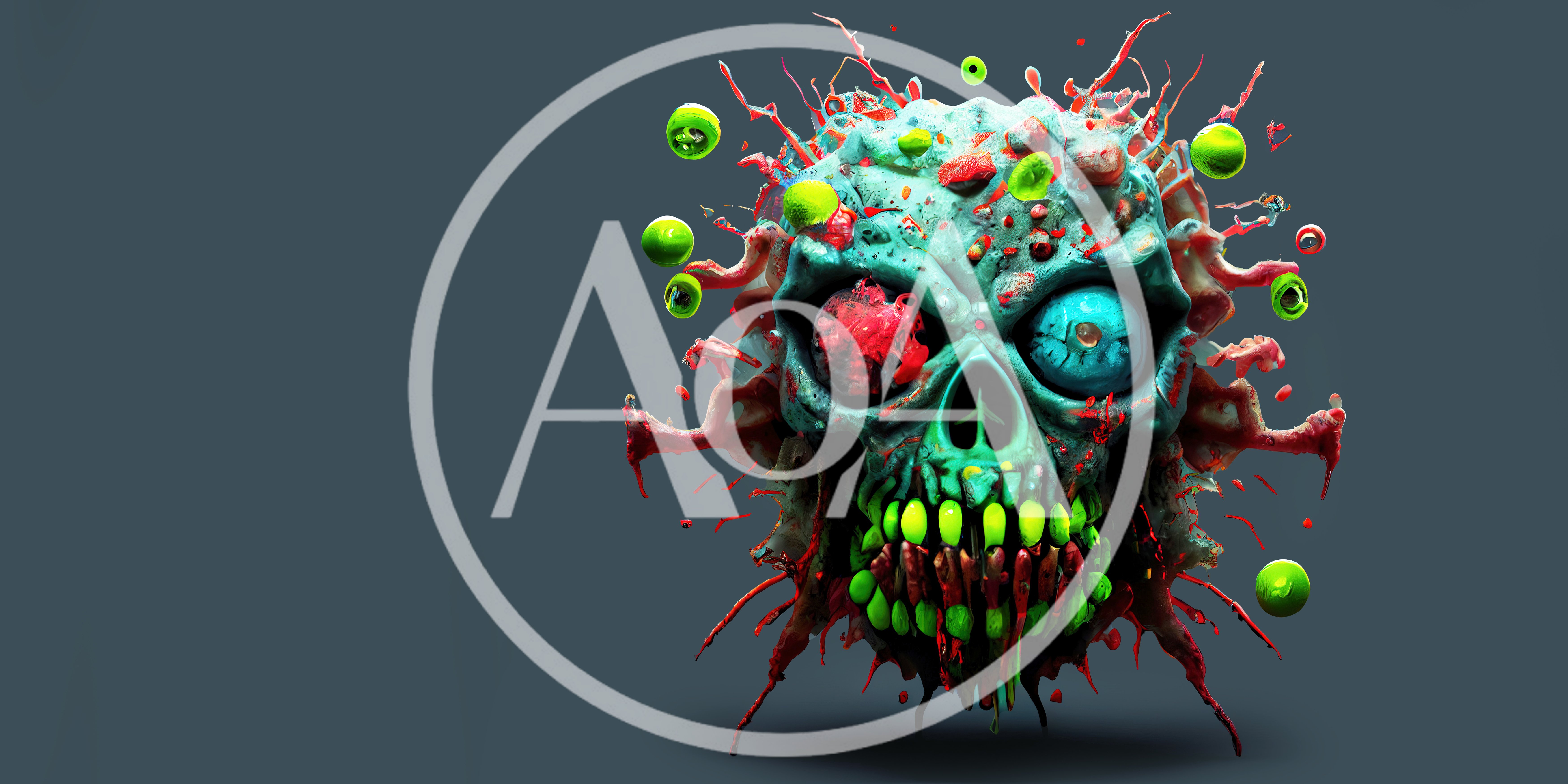 Surreal Zombie Skull With Floating Green Orbs