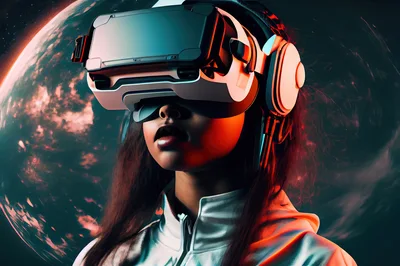 Young Woman Wearing Virtual Reality Headset In Space