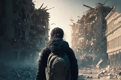 Lone Survivor Walking Through A Ruined Cityscape
