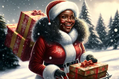 Cheerful Black Woman Dressed As Santa Claus With Gifts