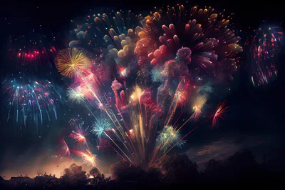 Vibrant Multi-Colored Fireworks Display Over Dark Landscape