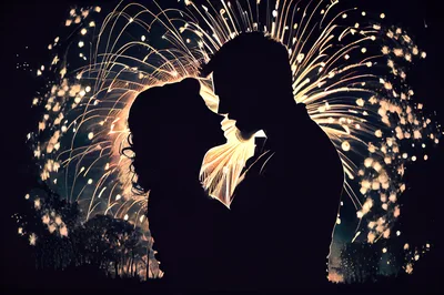 Silhouette Of A Romantic Couple Watching Fireworks