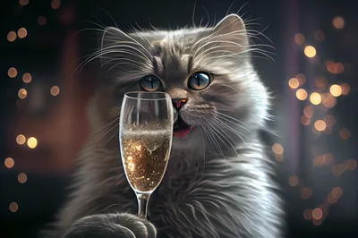 Fluffy Gray Cat Holding A Glass Of Champagne