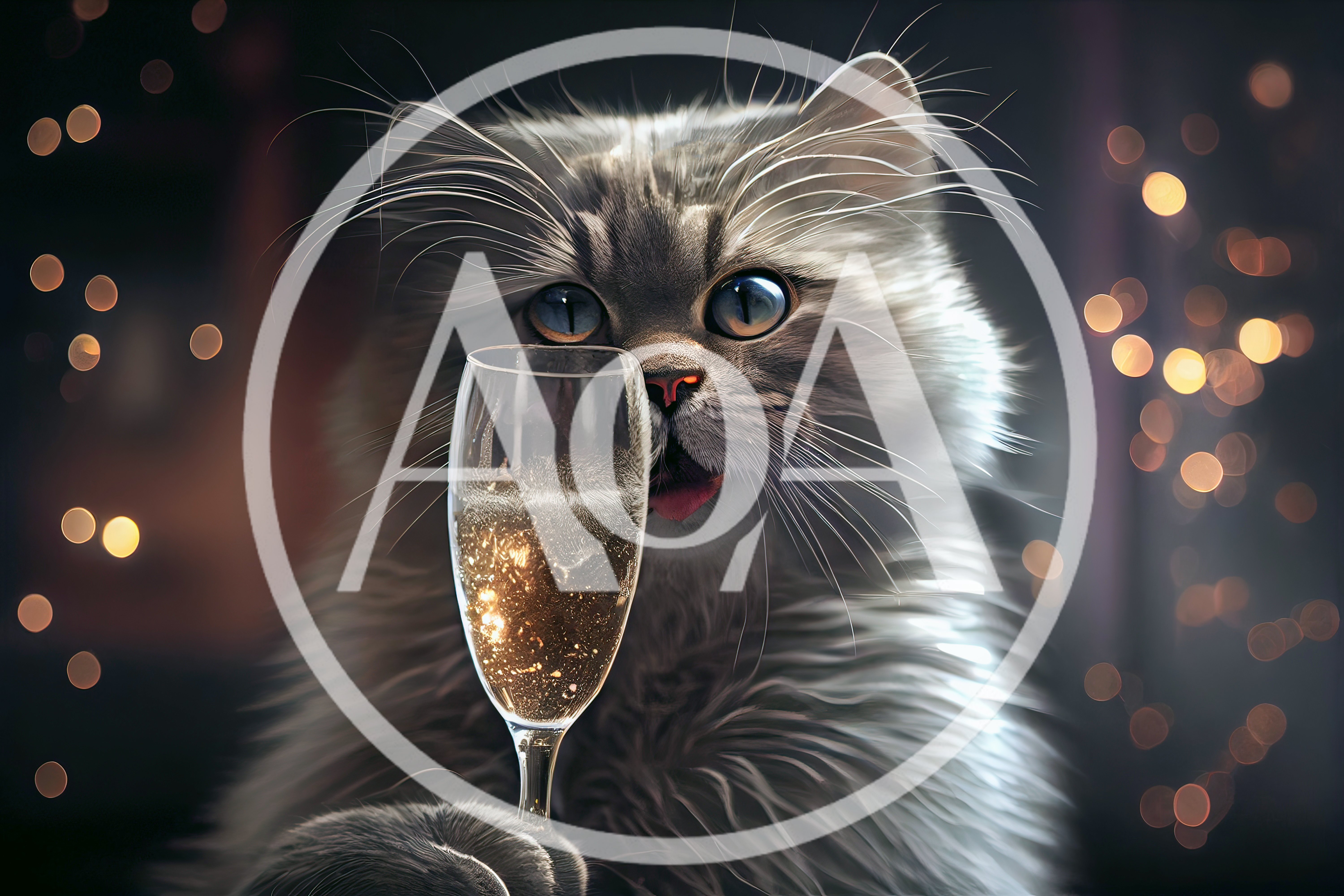 Fluffy Gray Cat Holding A Glass Of Champagne