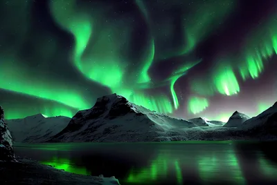 Vibrant Aurora Borealis Over Snowy Mountain Lake