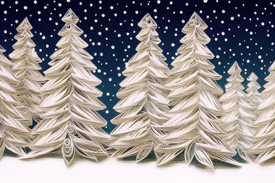 Paper Quilled Christmas Trees Against A Snowy Night Sky