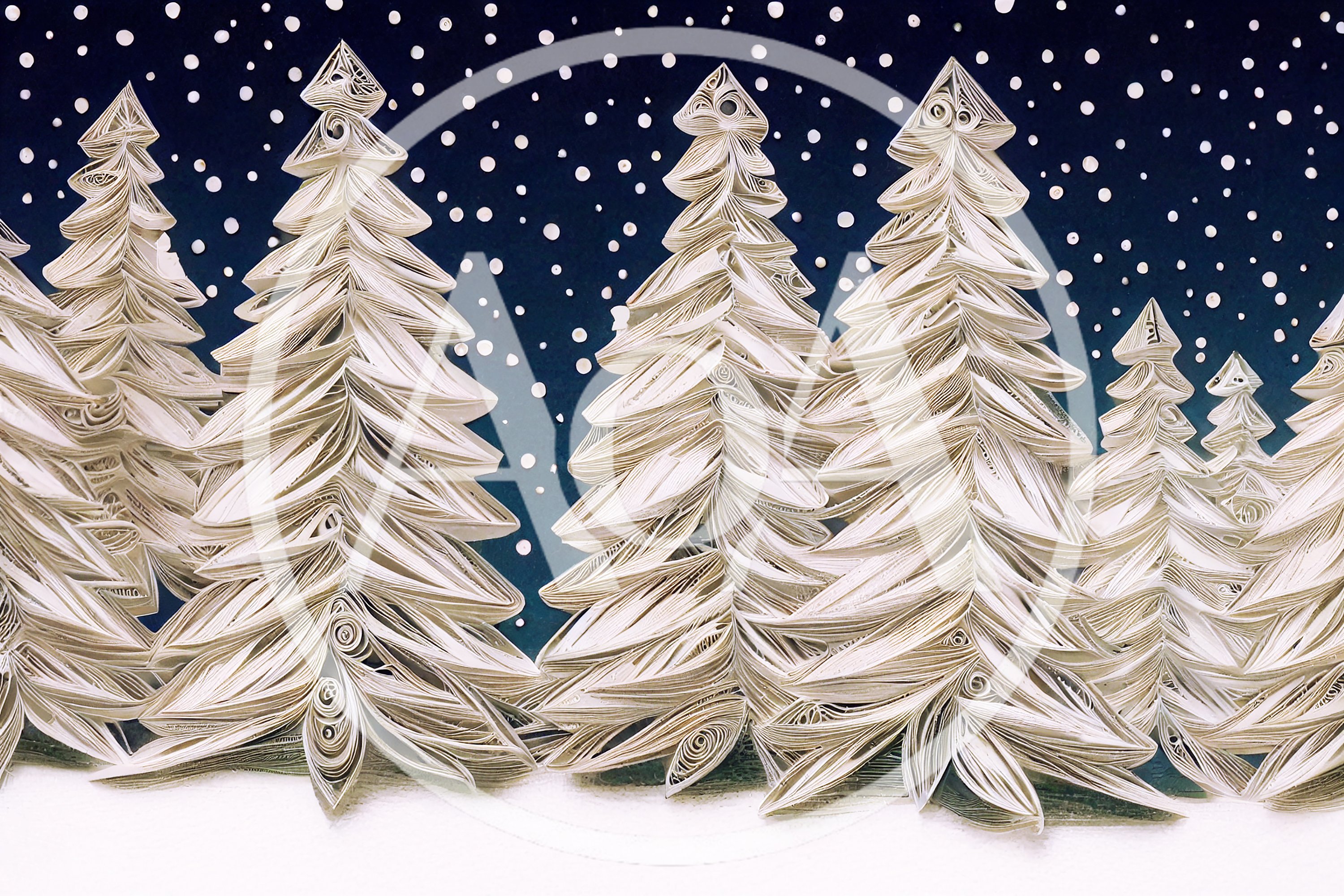Paper Quilled Christmas Trees Against A Snowy Night Sky