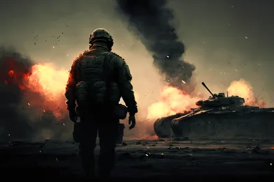 Soldier Standing Before A Burning Tank In War Zone