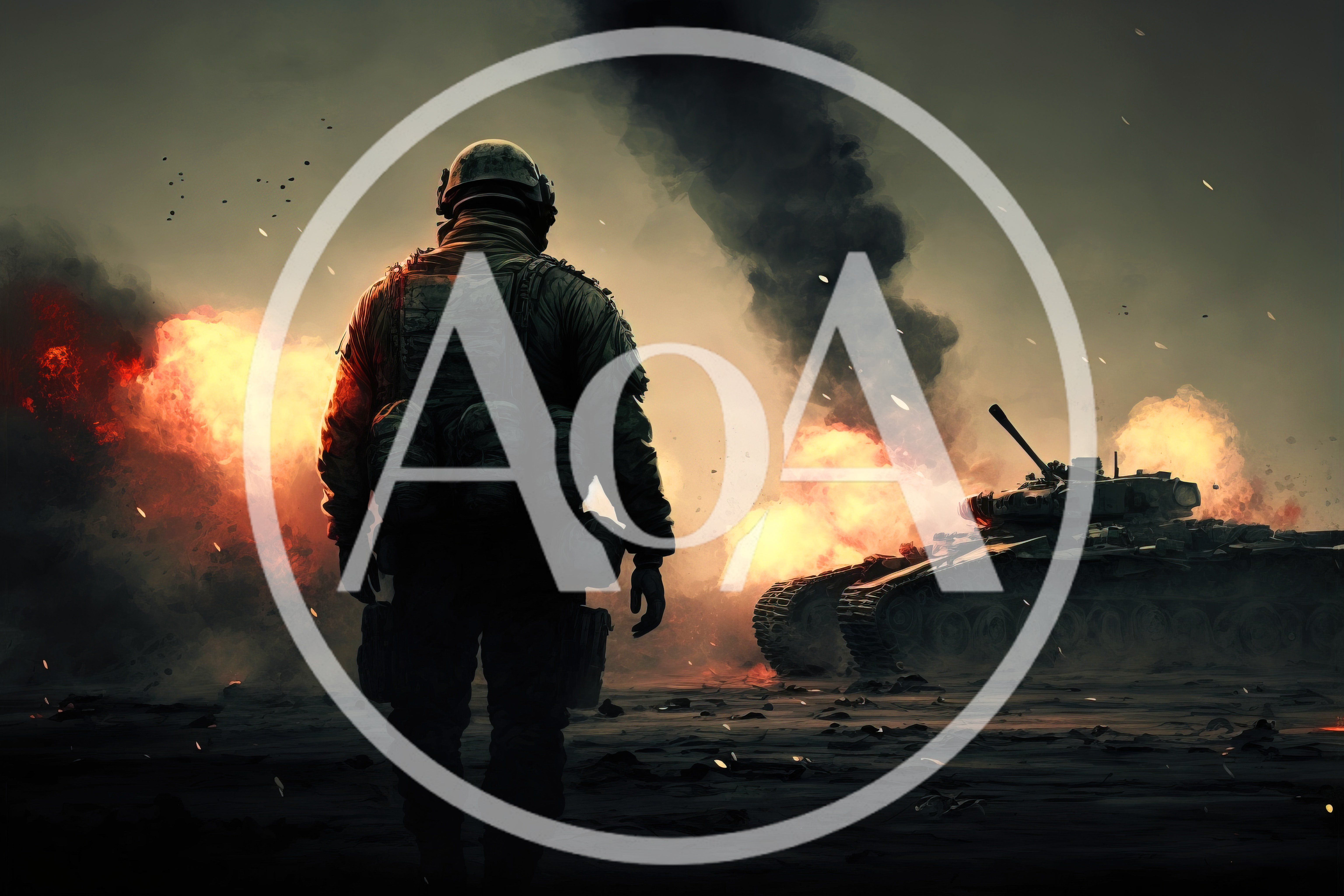 Soldier Standing Before A Burning Tank In War Zone