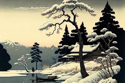 Japanese Woodblock Print Of Snowy Winter Landscape