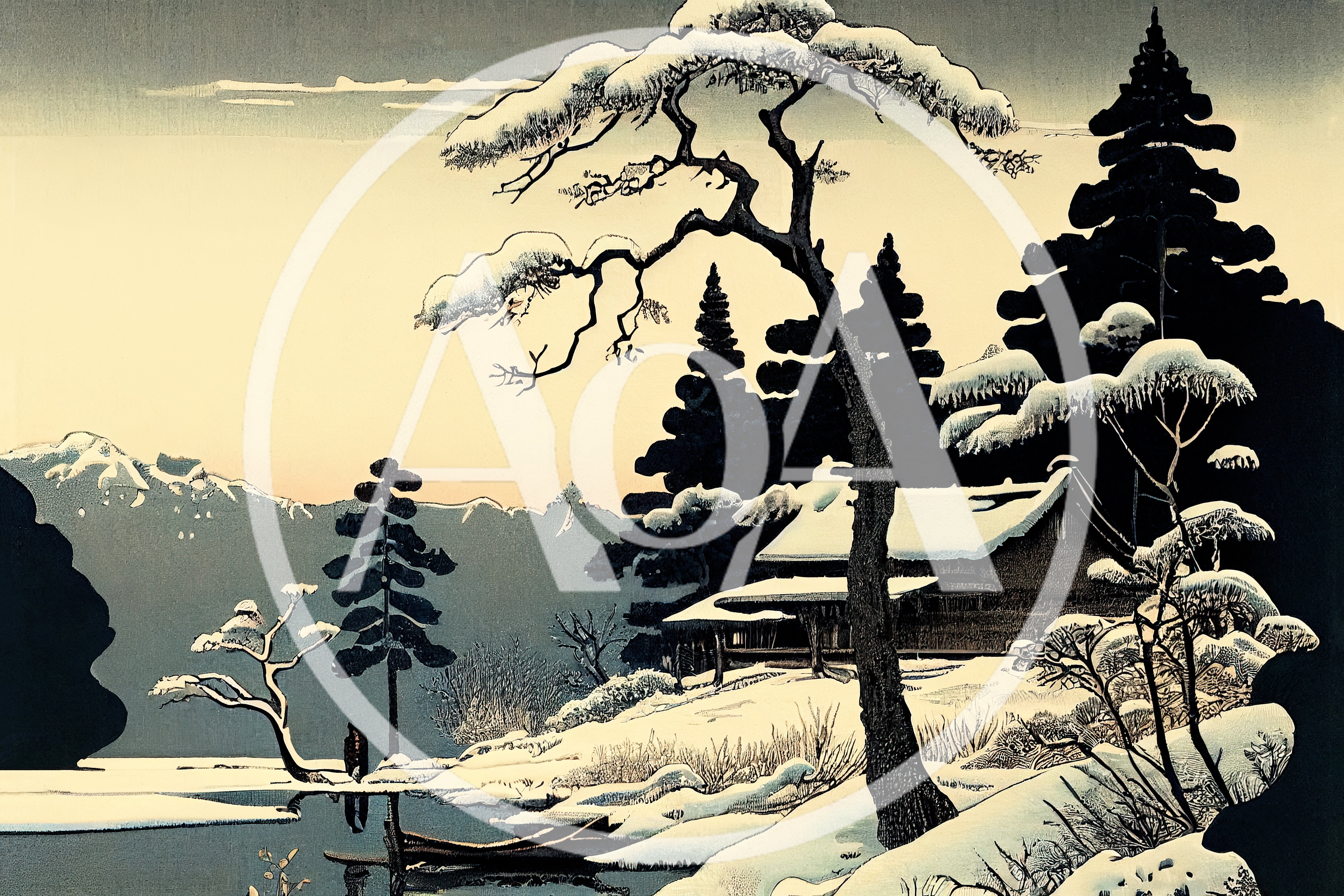 Japanese Woodblock Print Of Snowy Winter Landscape