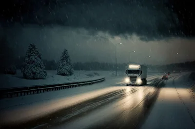 Semi Truck Driving On Snowy Highway At Night