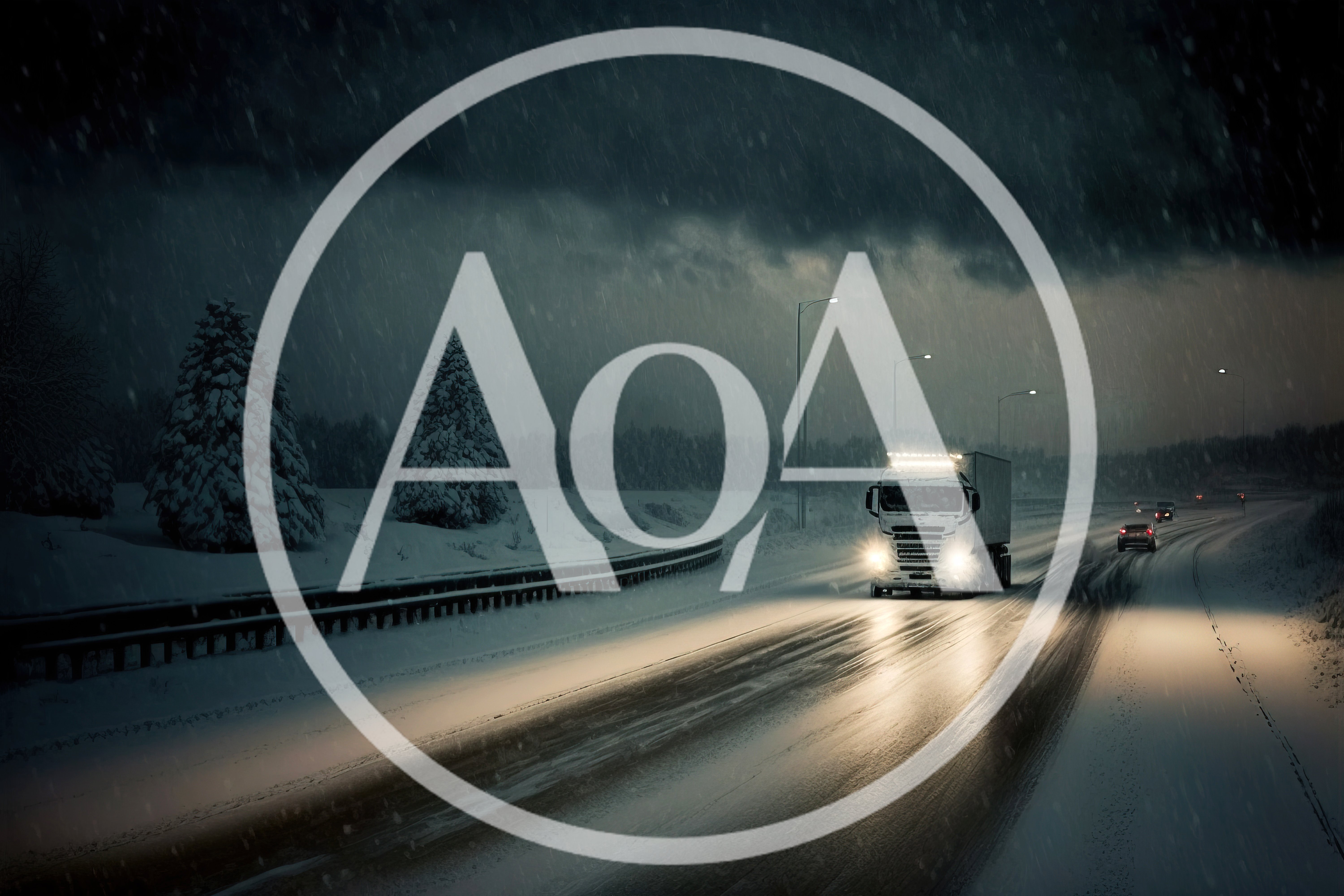 Semi Truck Driving On Snowy Highway At Night