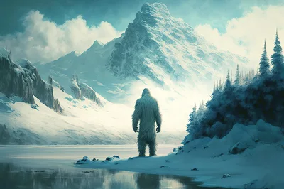Yeti Standing Alone In A Snowy Mountain Landscape