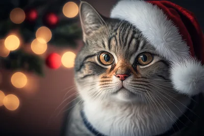 Portrait Of A Cute Cat Wearing A Santa Hat