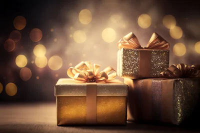 Golden Gift Boxes With Glittering Ribbons