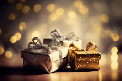 Elegant Gift Boxes With Glittering Ribbons And Bokeh Lights