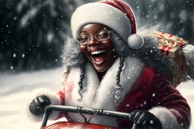 Joyful Black Woman Dressed As Santa Claus Sledding