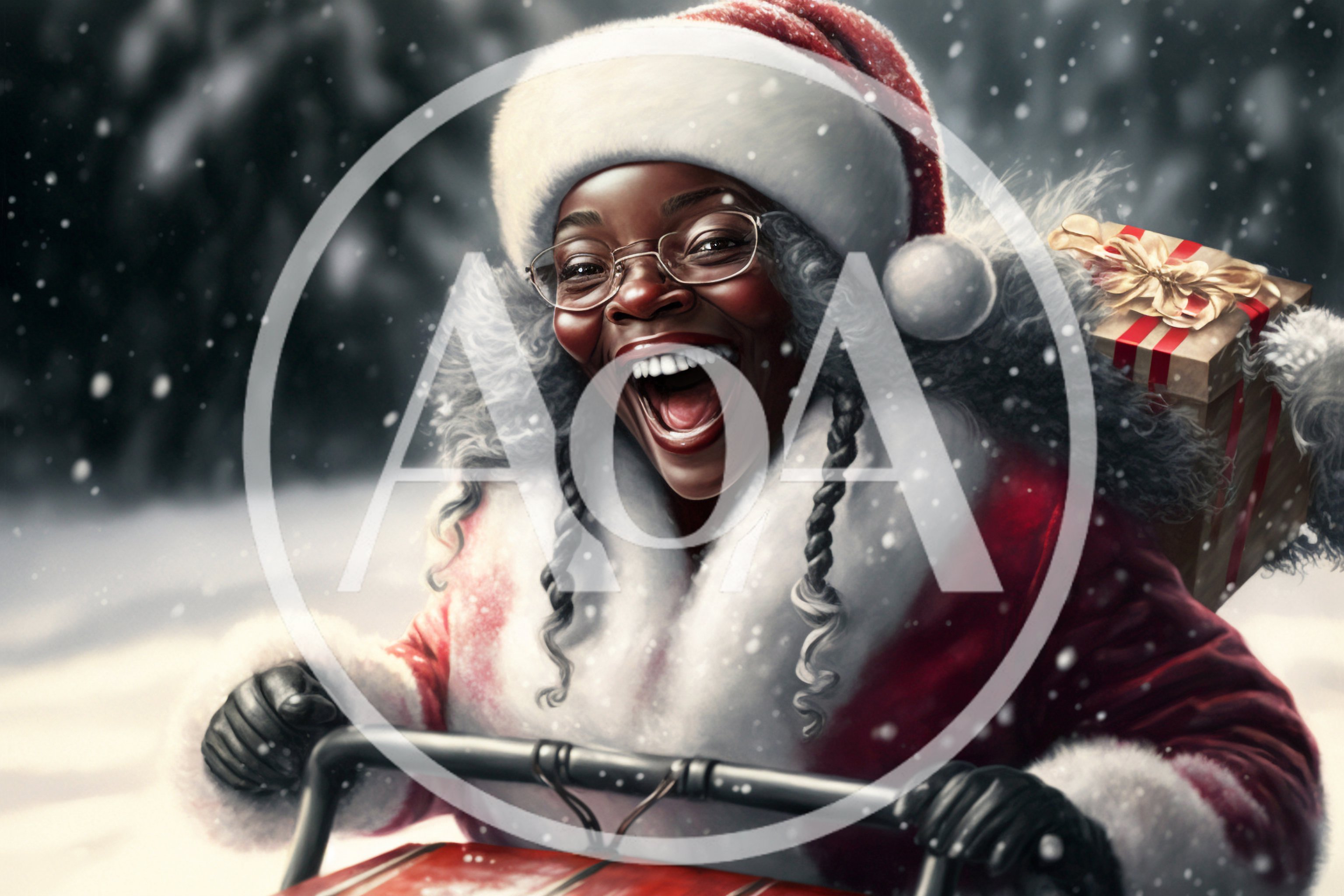 Joyful Black Woman Dressed As Santa Claus Sledding