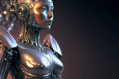Futuristic Android Woman With Metallic Skin And Glowing Details