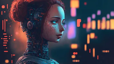 Cybernetic Woman With Glowing Eyes In Digital Space