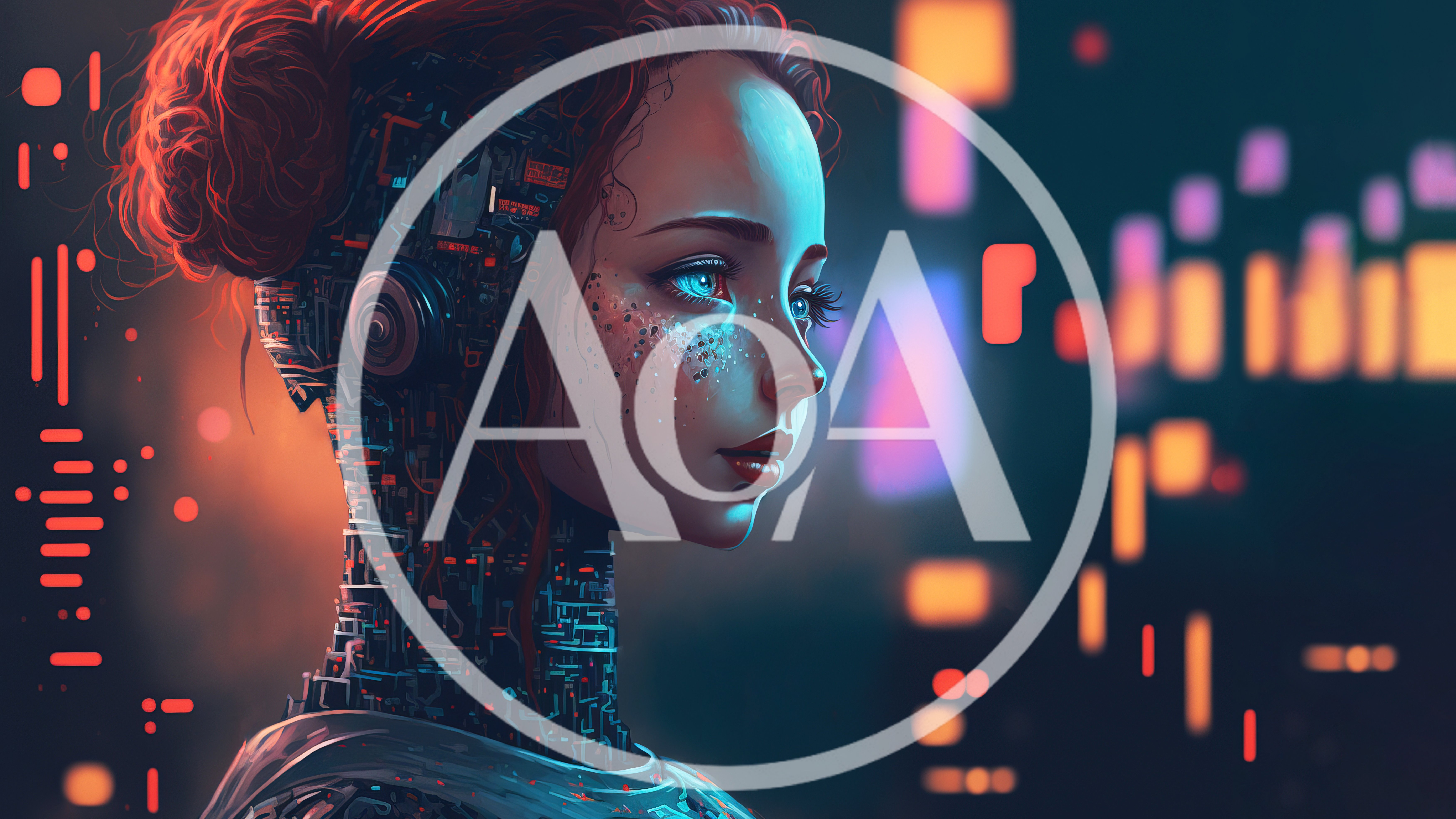 Cybernetic Woman With Glowing Eyes In Digital Space