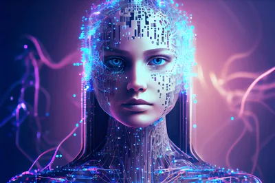 Digital Humanoid Portrait With Glowing Circuitry Patterns