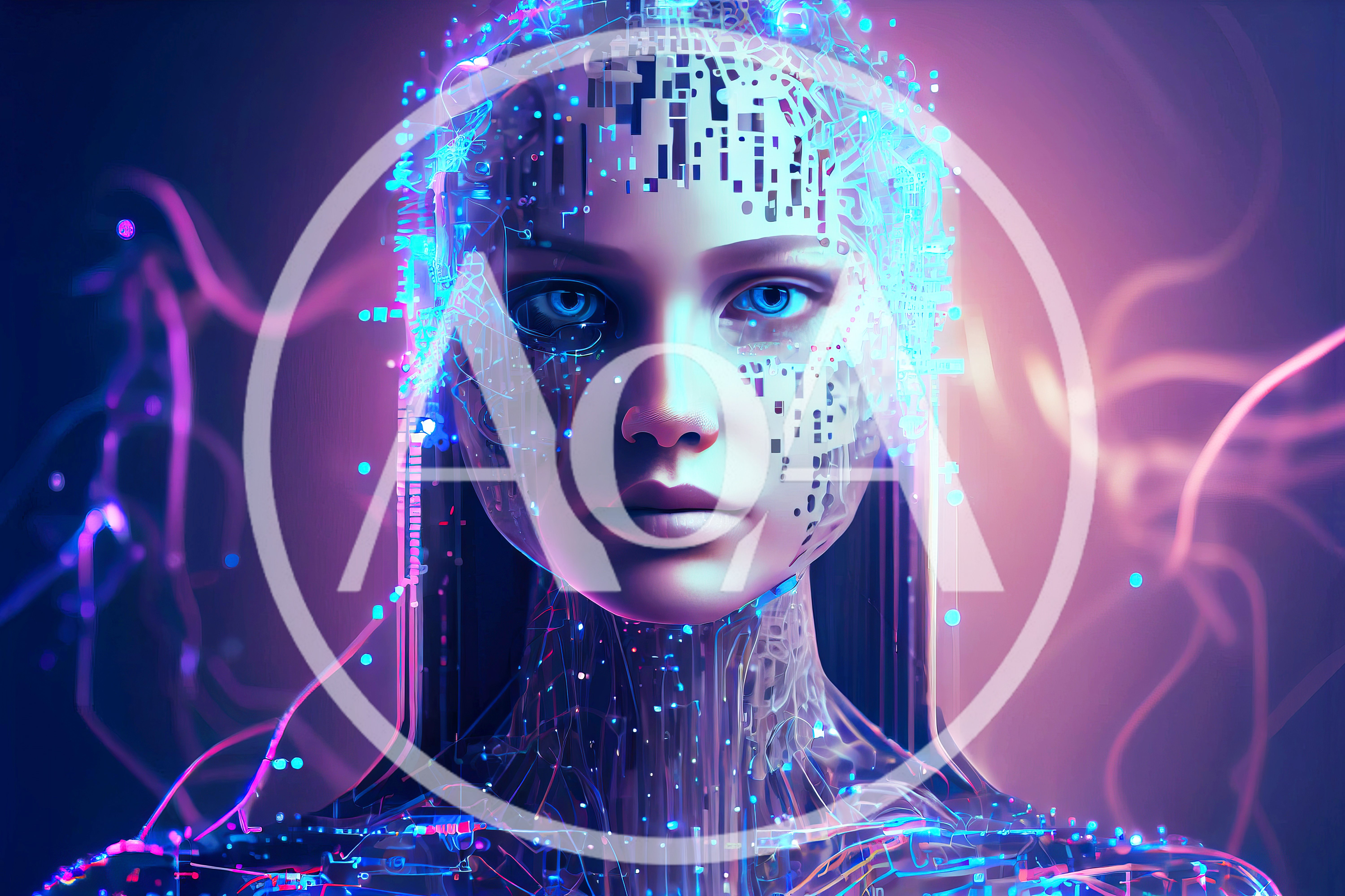 Digital Humanoid Portrait With Glowing Circuitry Patterns