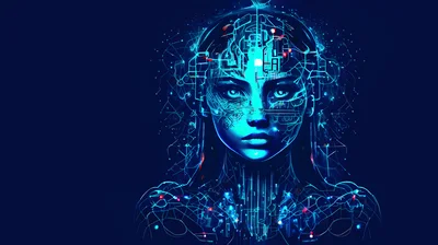 Digital Humanoid Portrait With Glowing Circuitry Patterns