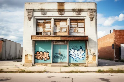 Abandoned Commercial Building With Graffiti And Boarded Windows