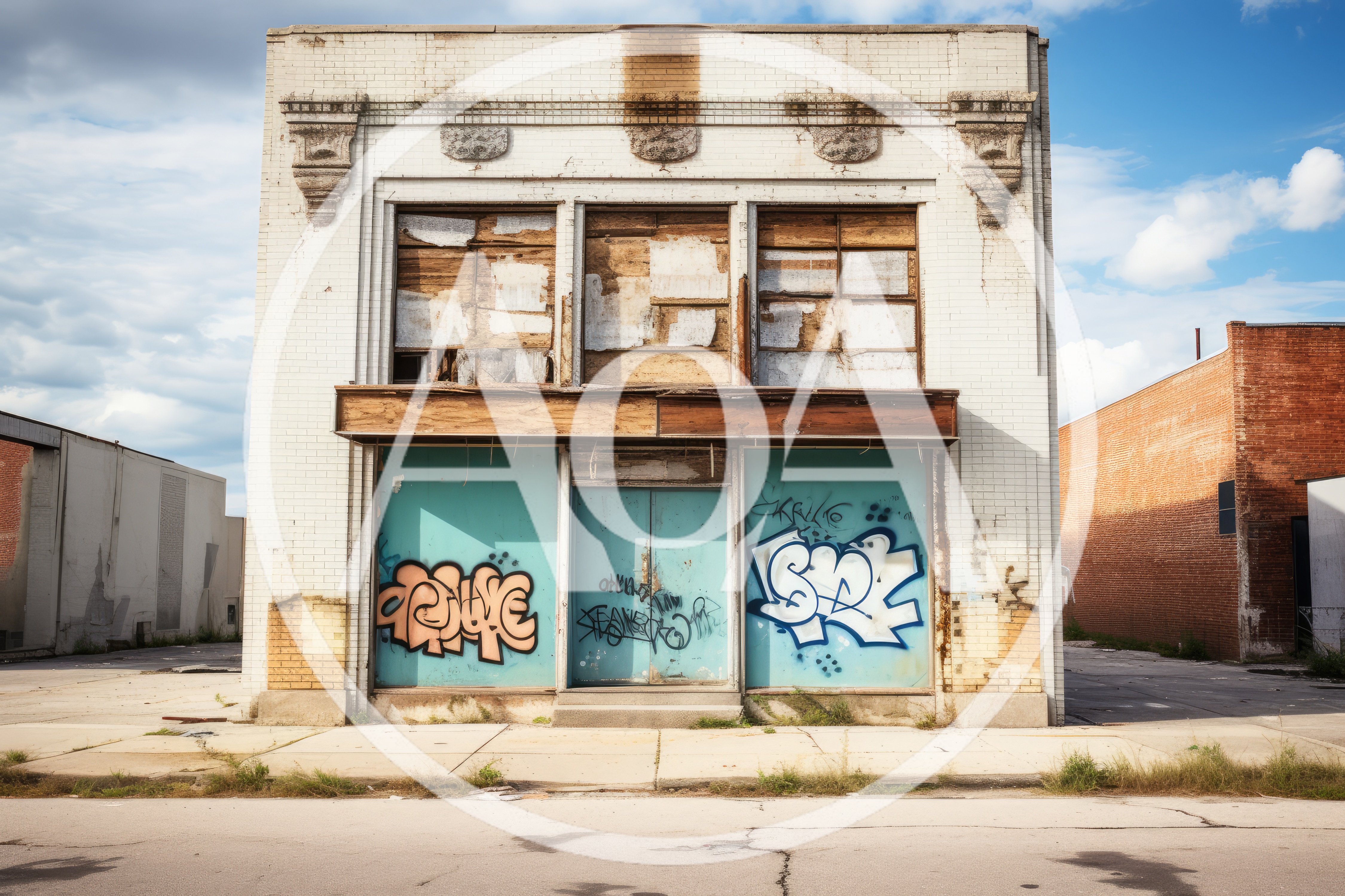 Abandoned Commercial Building With Graffiti And Boarded Windows