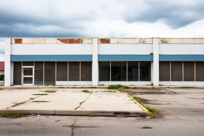 Abandoned Commercial Retail Building With Empty Parking Lot