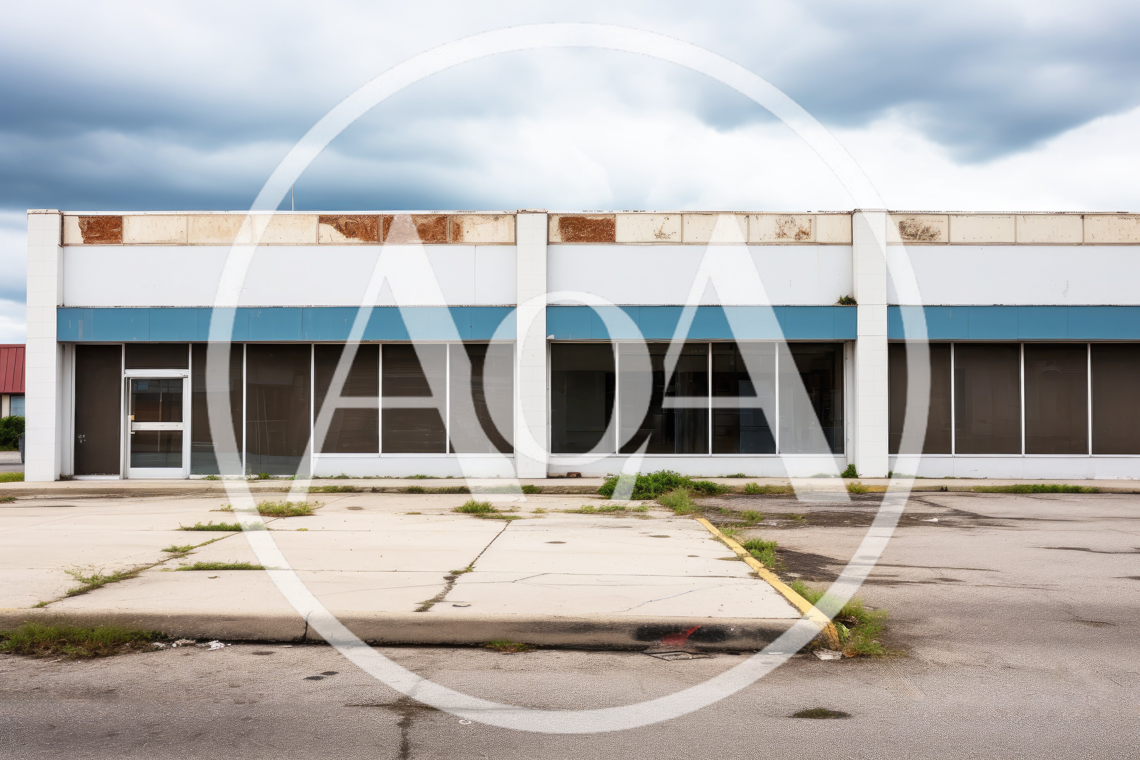 Abandoned Commercial Retail Building With Empty Parking Lot