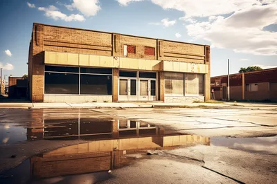 Abandoned Commercial Building With Puddle Reflection