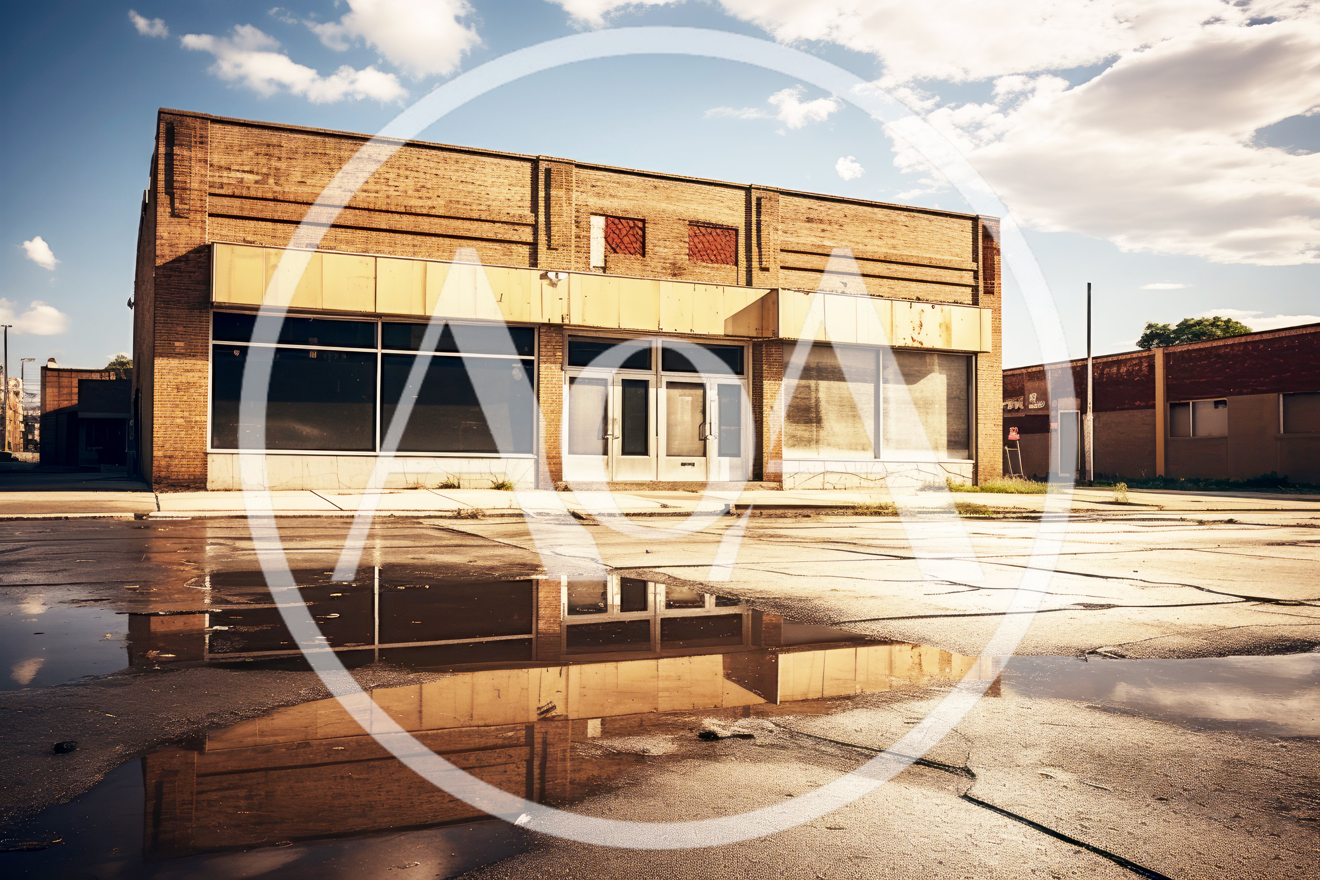 Abandoned Commercial Building With Puddle Reflection