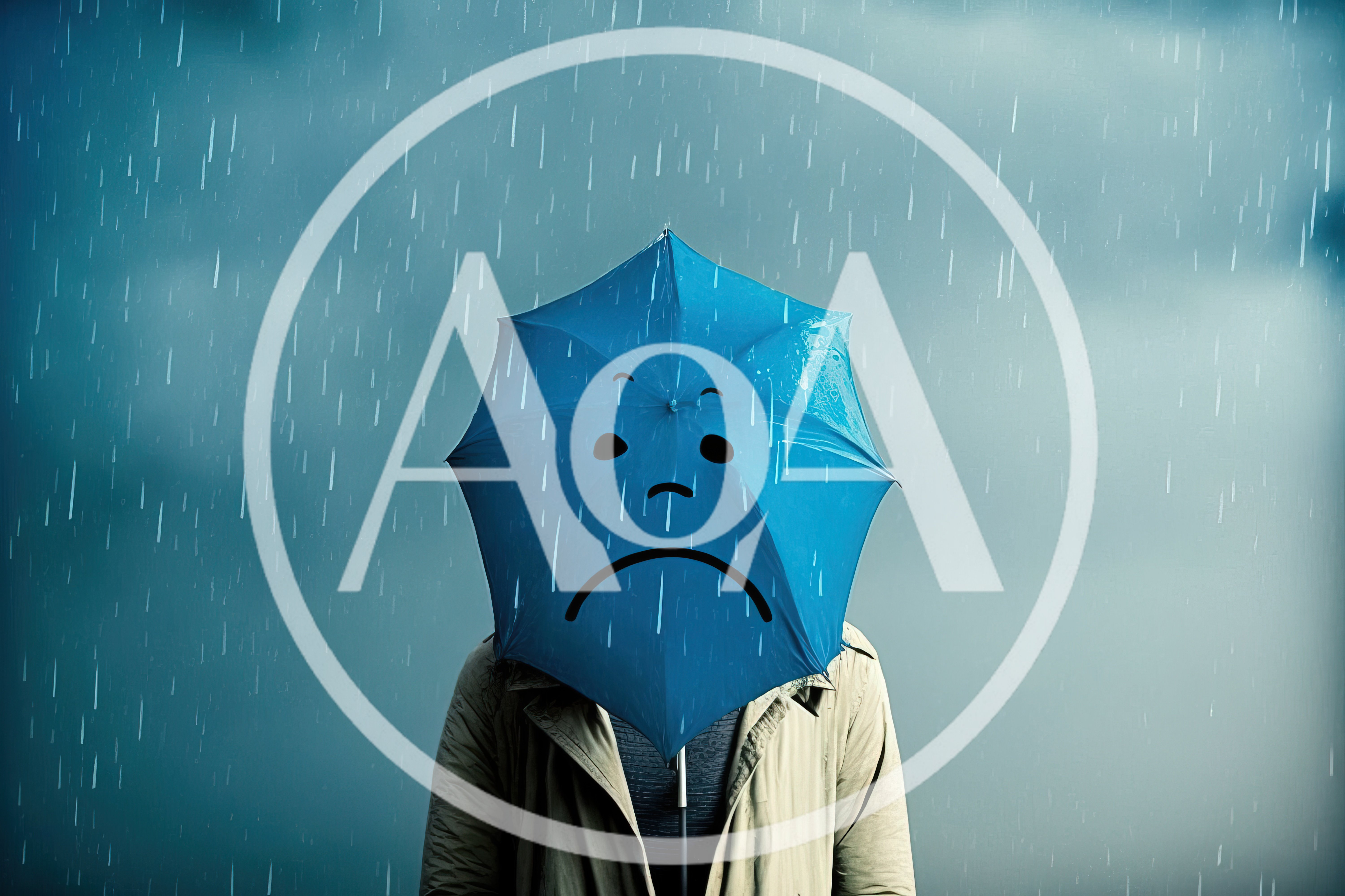 Person Holding Blue Umbrella With Sad Face In Rain