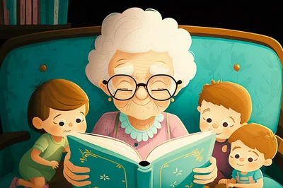 Grandmother Reading Storybook To Three Young Children