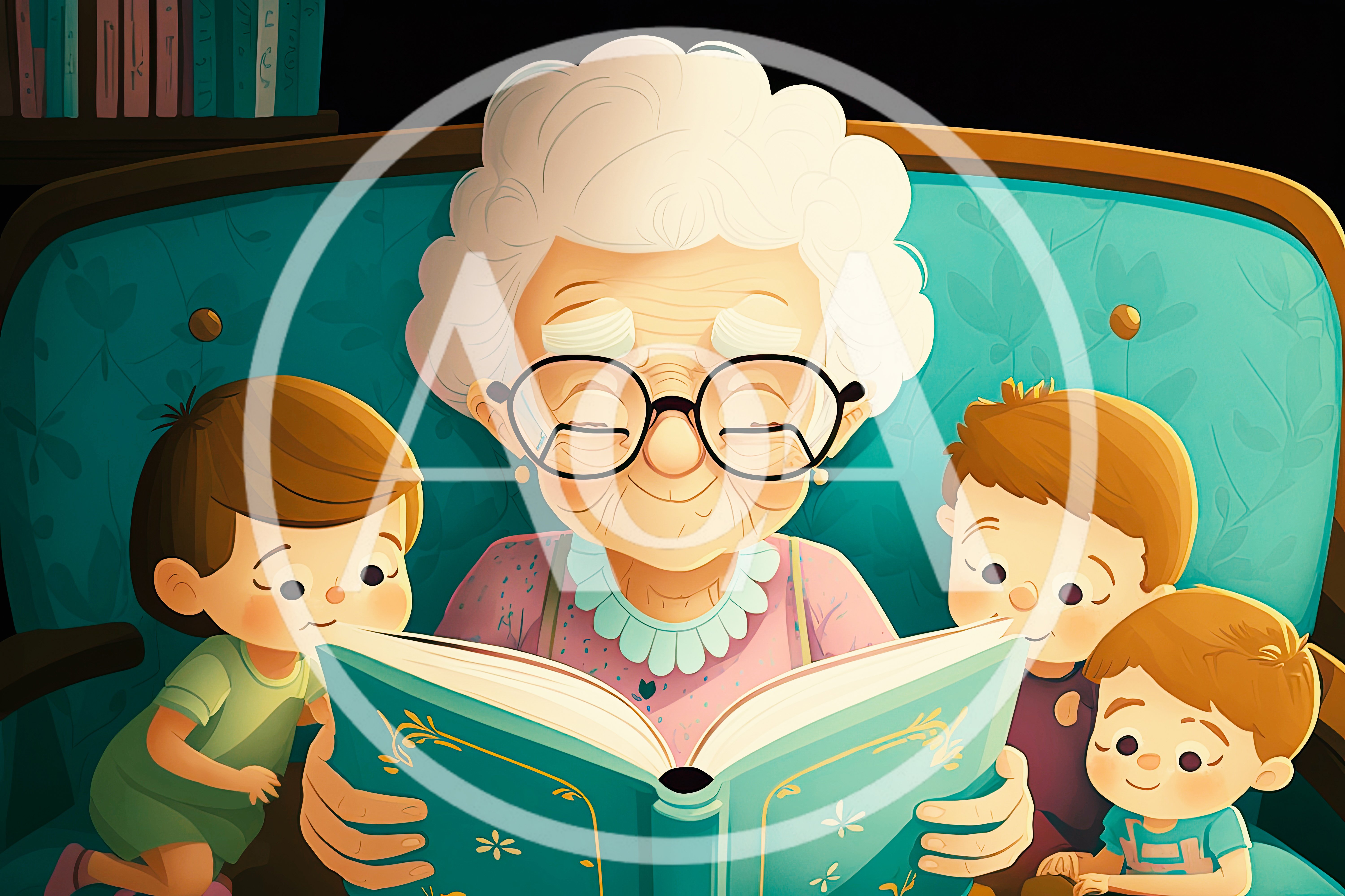 Grandmother Reading Storybook To Three Young Children