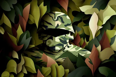 Soldier In Camouflage Uniform Hidden In Dense Foliage