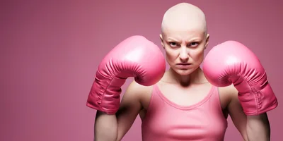 Bald Woman Wearing Pink Boxing Gloves