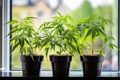 Three Potted Cannabis Plants On A Sunny Window Sill