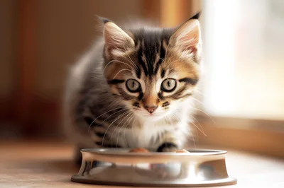 Cute Tabby Kitten Eating From Metal Bowl
