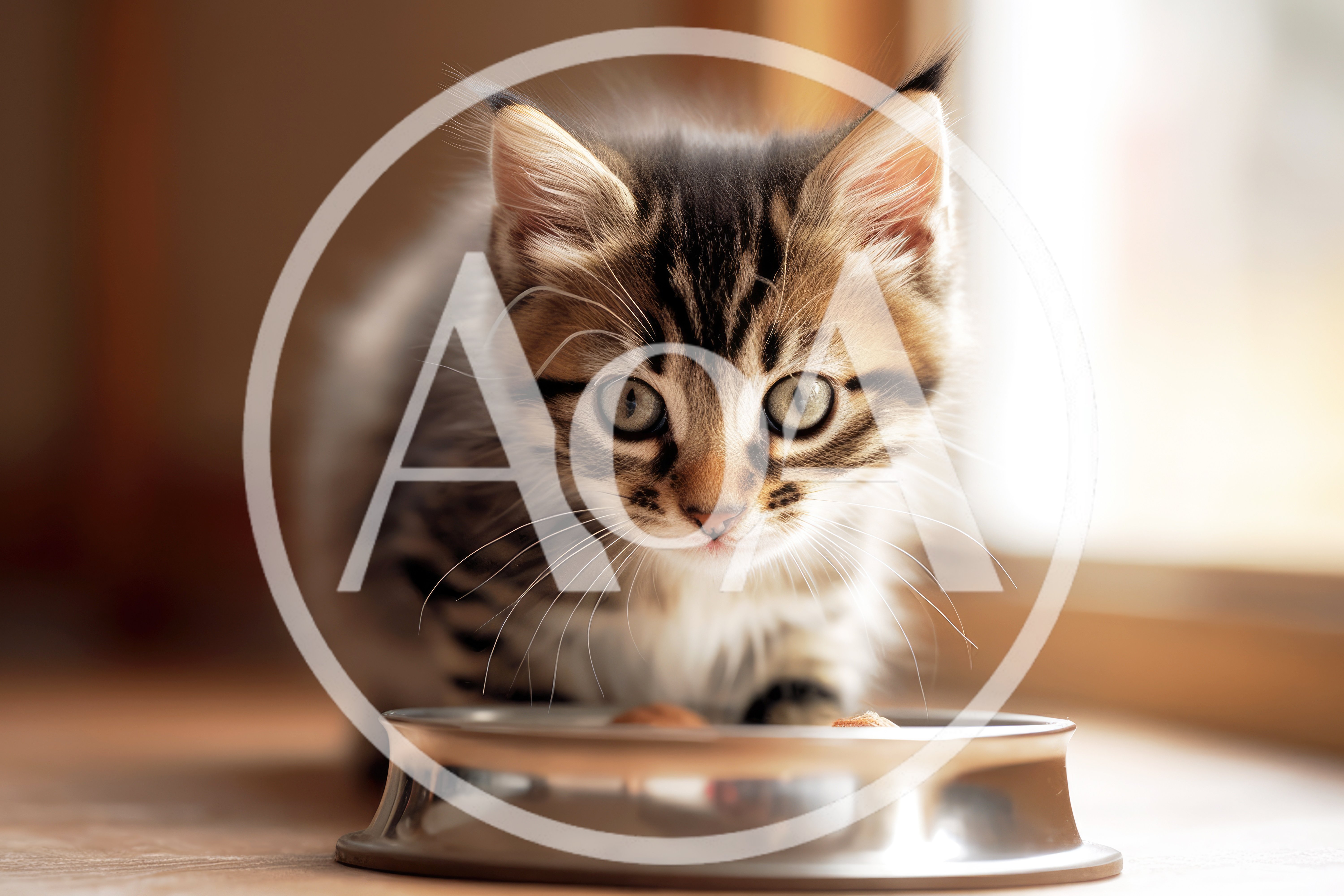 Cute Tabby Kitten Eating From Metal Bowl