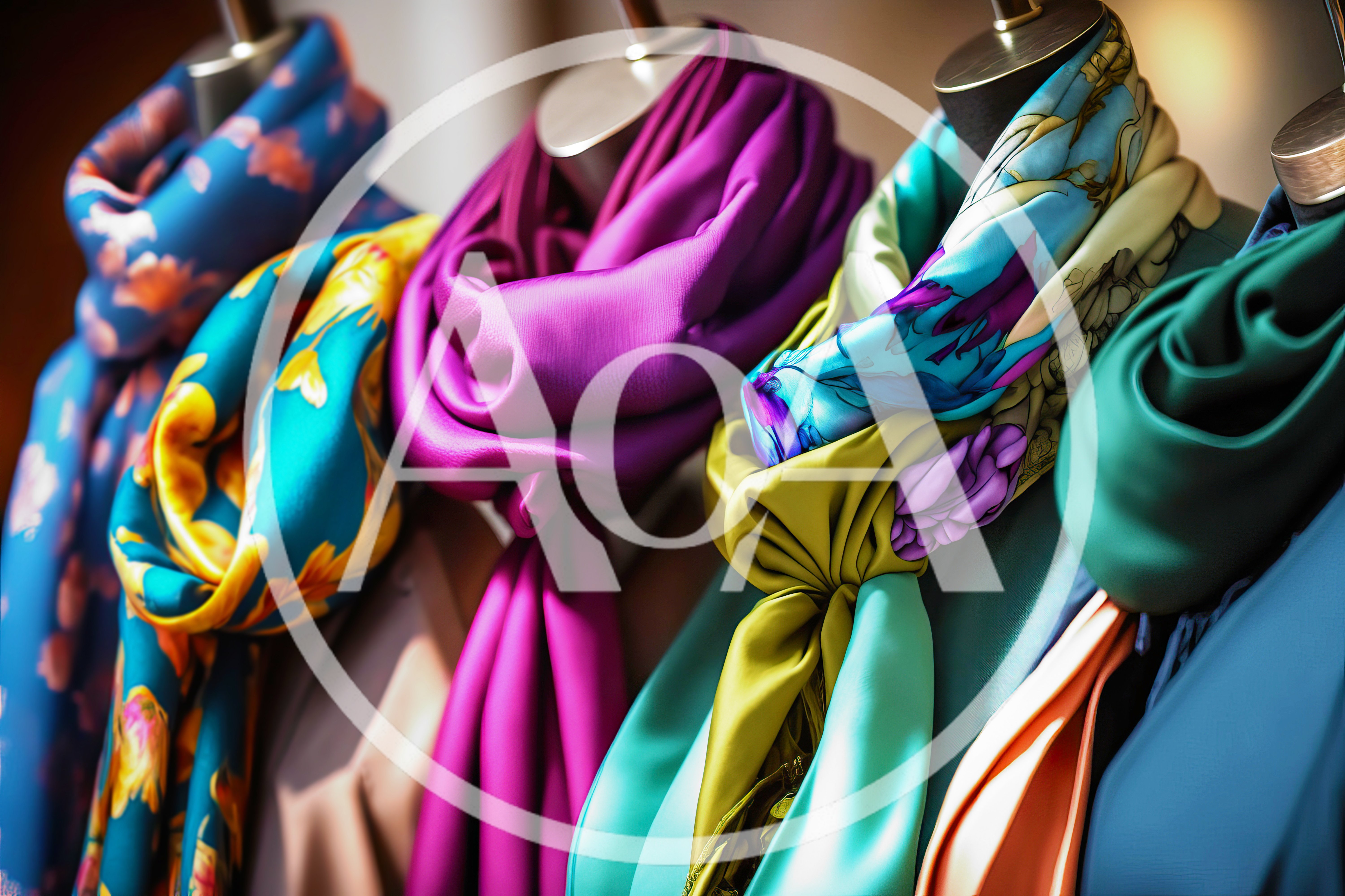 Colorful Silk Scarves Displayed On Mannequins