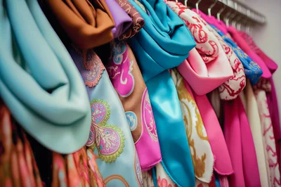 Colorful Silk Scarves Hanging On A Clothing Rack