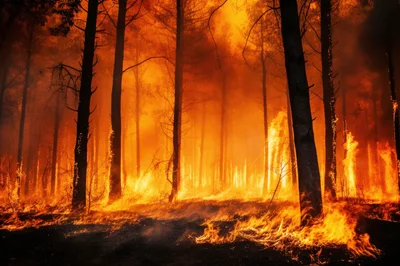 Intense Forest Fire Burning Through Dense Woodland