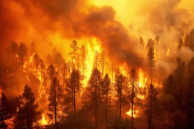 Intense Forest Fire Burning Through Dense Pine Woodland
