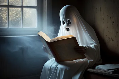 Ghost Wearing A Sheet Reading An Ancient Book