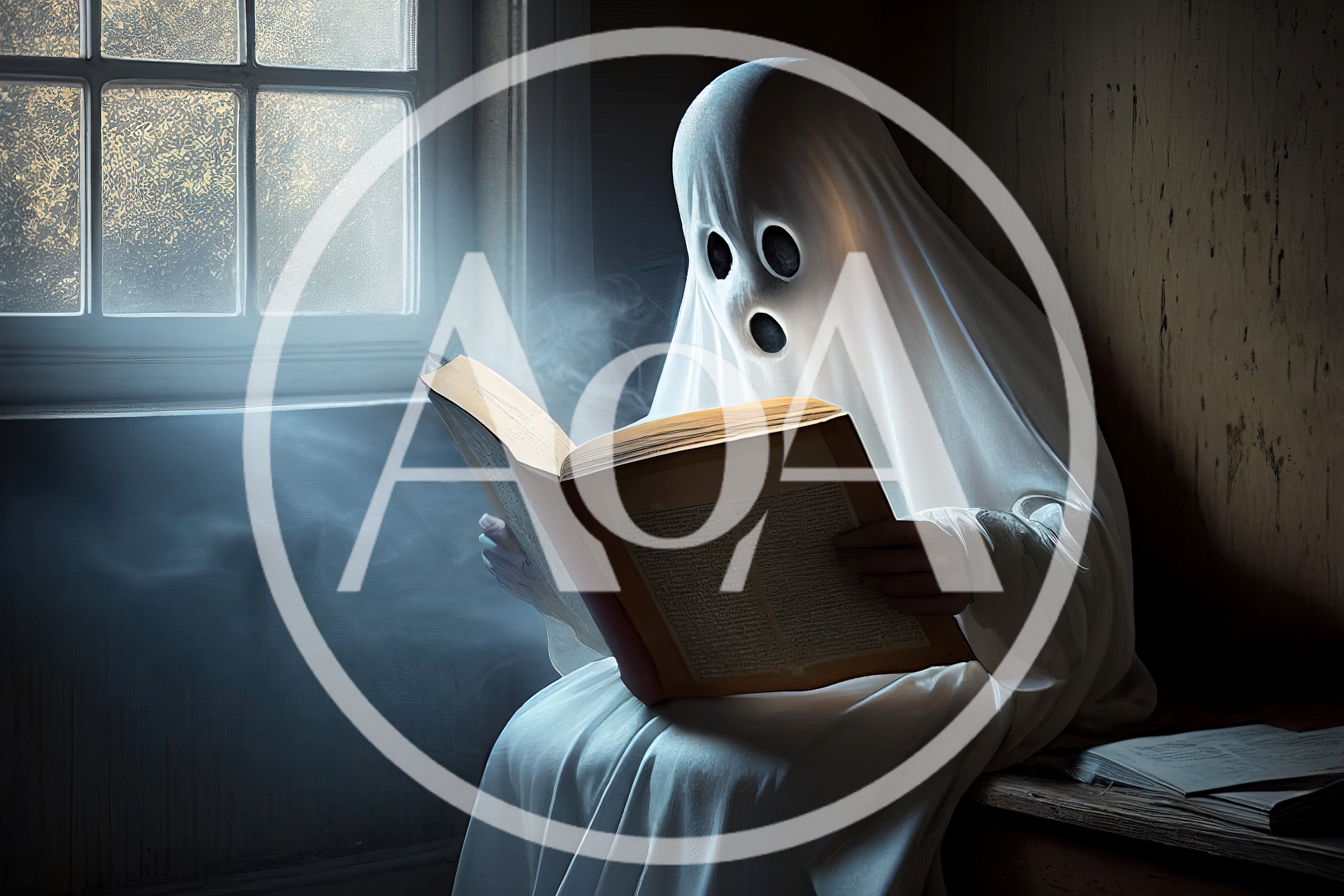 Ghost Wearing A Sheet Reading An Ancient Book